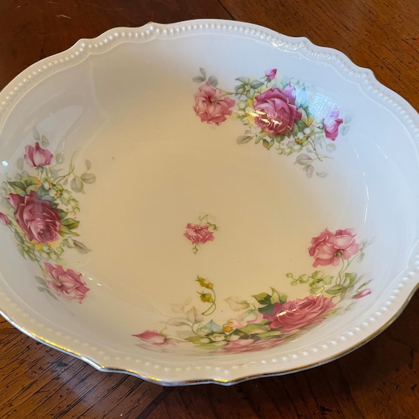Antique PK Silesia Fine China Porcelain 9" Serving Bowl with Hand Painted Floral Motif