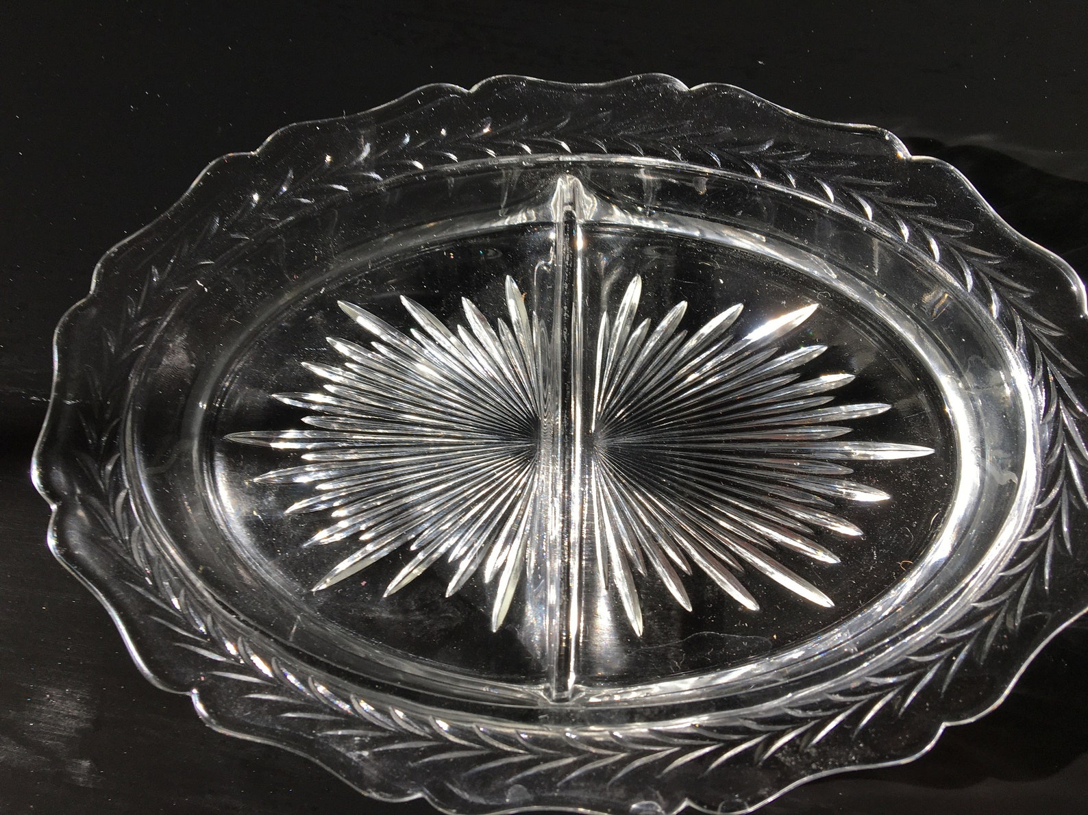 Cut Glass Divided Candy Dish Starburst Etsy