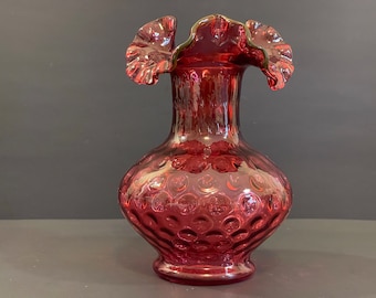Fenton Cranberry Thumbprint Ruffled Edge Vase