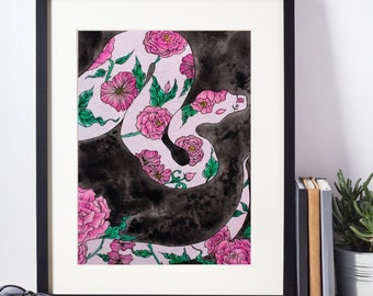 Snake Art, Watercolour Painting, Fine Art Print - 'Bloom'