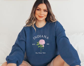 Indiana Peony State Flower Embroidered Sweatshirt, Vintage Indiana Crewneck, Cozy Unisex State Pride Pullover
