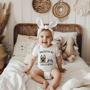 Baby Shower Gift, Personalized Protected By Pets, Custom Dog and Cat Breeds, Newborn Baby Gift, Dog Sibling Outfit