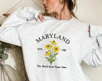 Maryland Black-Eyed Susan Embroidered Sweatshirt, State Flower Crewneck, Vintage College Est 1788 Unisex Pullover