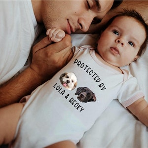 Custom Pet Baby Bodysuit, Personalized Dogs and Cats Onesie, Baby Shower Gift, Protected By Dog Onesie, Newborn Baby Gift