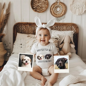 Protected By Dog Pets Baby, Cute Personalized Bodysuit, Customed Dog Name, Newborn Baby Gift, Custom Onesie
