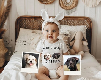 Protected By Dog Pets Baby, Cute Personalized Bodysuit, Customed Dog Name, Newborn Baby Gift, Custom Onesie