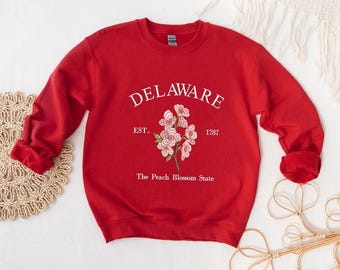 Delaware Peach Blossom Embroidered Sweatshirt, Vintage State Flower Crewneck, Relaxed Unisex Pullover