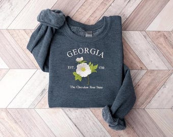 Georgia Cherokee Rose Embroidered Sweatshirt, State Flower Long Sleeve, Cozy Unisex Crewneck