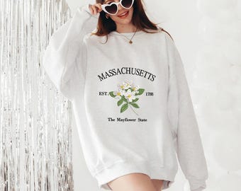 Massachusetts Mayflower Embroidered Sweatshirt, State Flower Crewneck, Vintage College Style Unisex Pullover