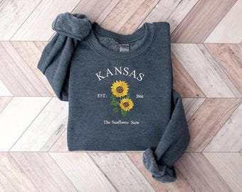 Kansas Sunflower Embroidered Sweatshirt, Vintage State Motto Crewneck, Cozy Unisex Kansas Gift