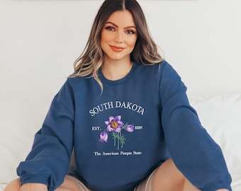 South Dakota Pasque Flower Embroidered Sweatshirt, Vintage State Flower Crewneck, Cozy Unisex Pullover