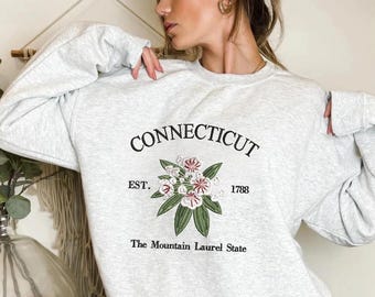 Connecticut Mountain Laurel Embroidered Sweatshirt, State Flower Crewneck, Cozy Unisex Pullover