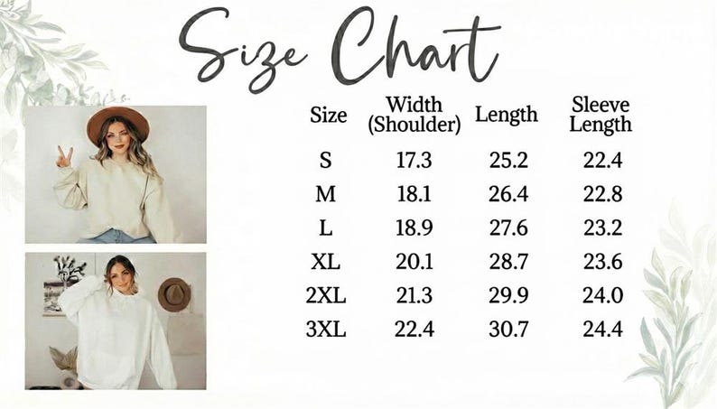 Pu&ograve; includere: Tabella delle taglie della felpa con misure di larghezza, lunghezza e lunghezza manica. Taglie dalla S alla 3XL. Le misure sono in centimetri. Due donne indossano la felpa.