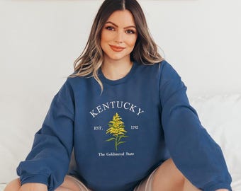 Kentucky Goldenrod Embroidered Long Sleeve Shirt, State Flower College Top, Kentucky Est 1792 Crewneck, Unisex State Pride Tee