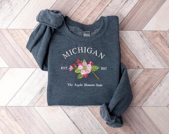 Michigan Apple Blossom Embroidered Sweatshirt, The Apple Blossom State Crewneck, Vintage College Unisex Pullover, Est 1837 Embroidery
