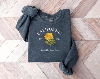 California Poppy Embroidered Sweatshirt, Golden Poppy State Crewneck, Vintage California Pullover, Cozy Unisex Sweatshirt