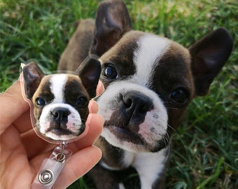 Portabadge per animali domestici, portabadge con foto personalizzato per ritratti di animali domestici, muso di cane personalizzato, muso di gatto, badge con nome, ID retrattile