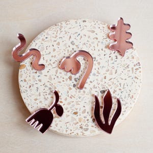 Könnte beinhalten: Eine Sammlung von roségoldenen, pflanzenförmigen Dekorationen aus Acryl, angeordnet auf einer runden, gesprenkelten, beige-braunen Oberfläche. Die Formen umfassen eine geschwungene Linie, eine Blume, ein Blatt und eine Blättergruppe. Die Objekte sind reflektierend.