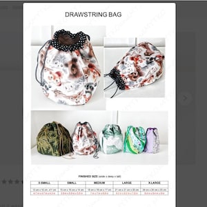 May include: A chart showing different sizes of drawstring bags with various patterns. The chart includes measurements in centimetres and inches for each size: X-Small, Small, Medium, Large, and X-Large.