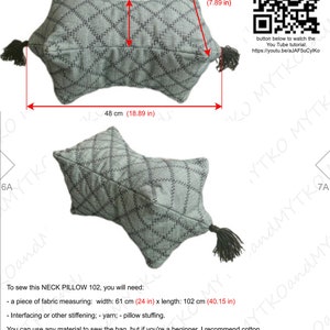 Op de afbeelding: Diagram van een nekkussen, getiteld "NECK PILLOW 102", met afmetingen. Het kussen is lichtgroen met een donkergrijs ruitpatroon, 48 cm breed, 14 cm hoog en 20 cm diep. Bevat een link naar een YouTube-tutorial.