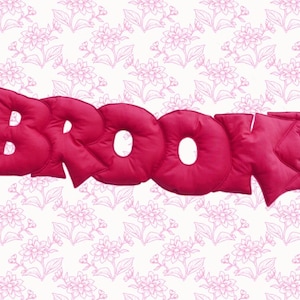 May include: A decorative pillow spelling out the name "Brooke" in large, bold, red letters. The letters are puffy and stitched, with a quilted appearance. The background is a white floral pattern with pink flowers.