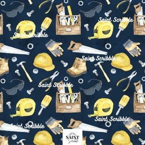 以下が含まれることがあります： 濃い青色の背景に、さまざまな工具や建設用具が描かれたシームレスなパターン。パターンには、ツールボックス、のこぎり、ハンマー、レンチ、メジャー、安全メガネ、作業用手袋、ヘルメット、ナットとボルトが含まれています。パターン全体に「Saint Scribble」というテキストが複数回表示されています。