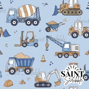 May include: A seamless pattern on a light blue background featuring illustrated construction vehicles including a cement mixer, bulldozer, forklift, crane, and dump truck, along with traffic cones, piles of dirt, and the text Saint Scribble.