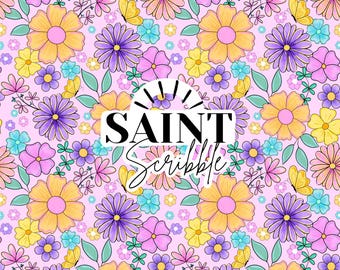 Könnte beinhalten: Ein lebhaftes Blumenmuster mit gelben, lila, rosa und blauen Blumen, grünen Blättern und gelben Schmetterlingen auf einem hellrosa Hintergrund. Der Text "SAINT Scribble" wird in einem weißen Banner angezeigt. Ein fröhliches und helles Design.