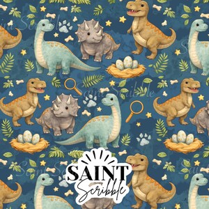 May include: A repeating pattern featuring cartoon dinosaurs in shades of blue, brown, and gray on a dark blue background. The design includes dinosaur eggs, bones, stars, and the text "Saint Scribble".