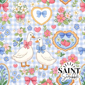 Goose Cuties – Floral Gingham Seamless Pattern (Digital File) blue