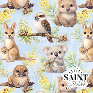 May include: A repeating pattern featuring Australian animals including kangaroos, koalas, and a kookaburra, set against a light blue background with yellow floral accents. The design includes the text "Saint Scribble".