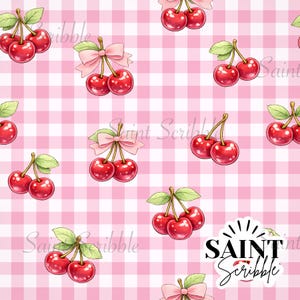 May include: A repeating pattern of bright red cherries with green leaves and pink bows on a pink and white gingham background. The cherries are clustered in pairs and trios, creating a playful and whimsical design.