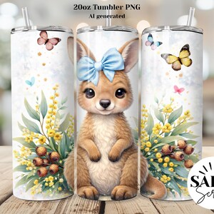 May include: A 20oz tumbler featuring a watercolor design of a kangaroo with a blue bow, surrounded by yellow flowers and butterflies. The tumbler has a white background with the text "20oz Tumbler PNG AI generated" at the top.
