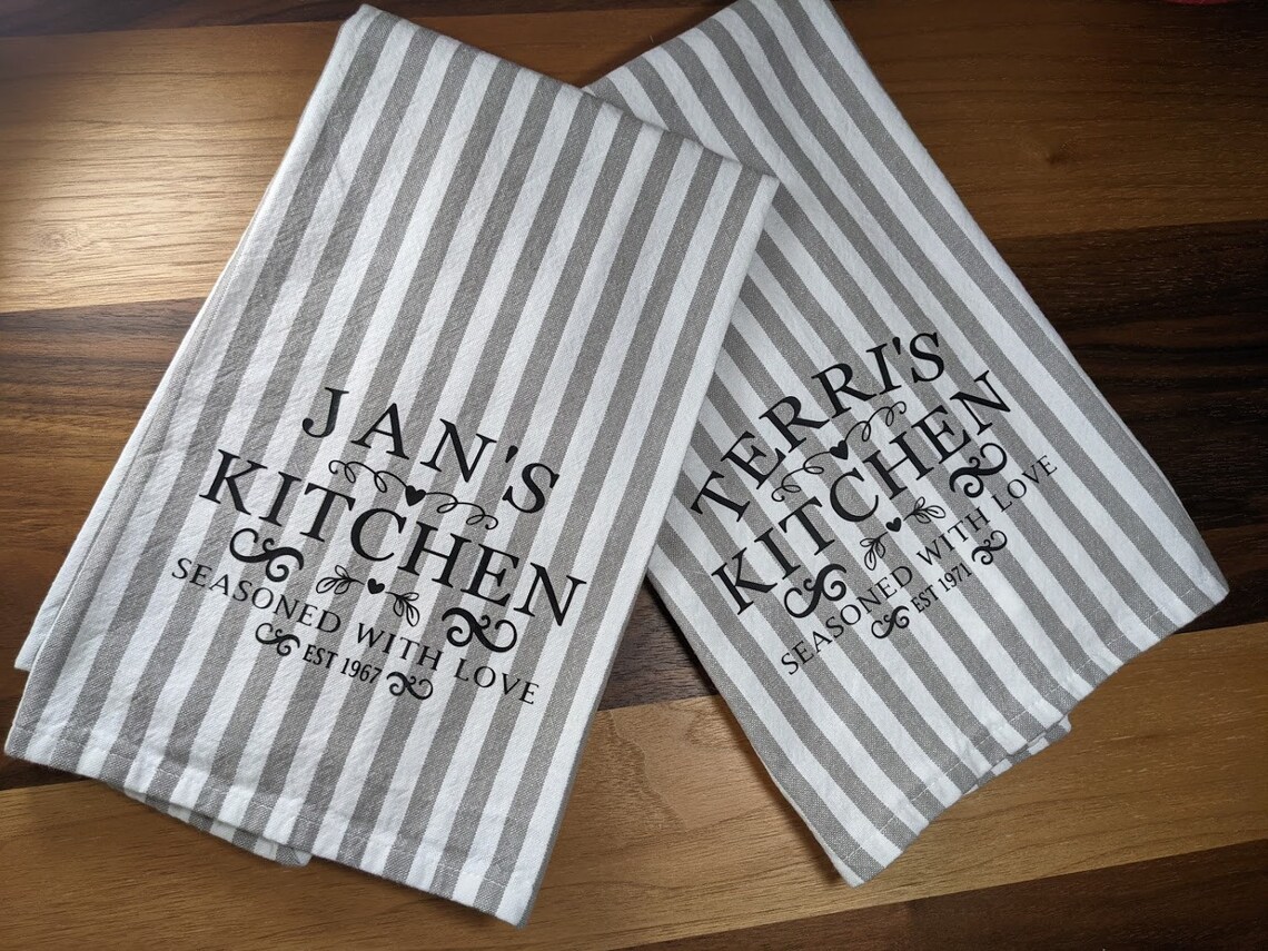 Custom Kitchen Dish Towel Personalized With Name and Established Year and With White & Grey Striped Design