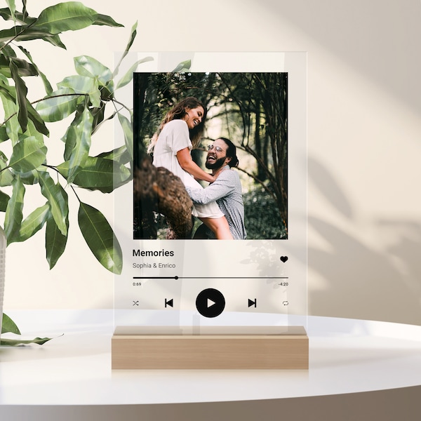 Musikbild auf Acrylglas personalisiert, Spotify-Stil Glas Album Cover, Song Aufsteller mit Holzständer, Geschenk für Partner, Geburtstag