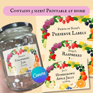 May include: Three printable jar labels with a fruit theme. The labels feature a strawberry jam label, a raspberry jam label, and an apple jelly label. Each label has a colorful fruit design and includes the name of the preserve, the date, and the text "Friend of Note's Preserve Labels".