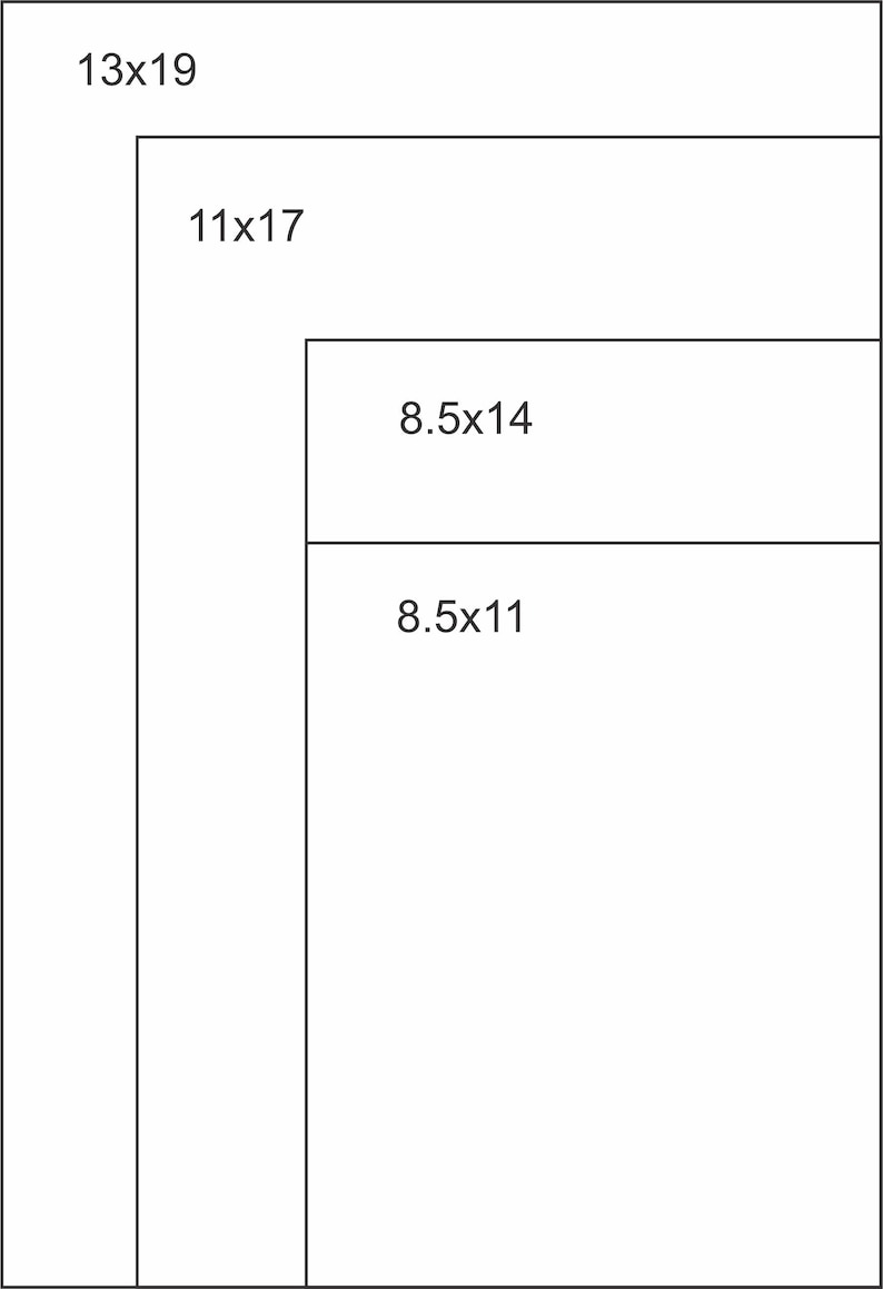 Puede incluir: Una imagen que muestra diferentes tama&ntilde;os de papel. La imagen muestra cuatro formas rectangulares, cada una representando un tama&ntilde;o de papel diferente: 33 x 48 cm, 27,9 x 43,2 cm, 21,6 x 35,6 cm y 21,6 x 27,9 cm. Los tama&ntilde;os est&aacute;n etiquetados con texto negro.