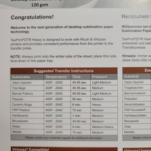 Puede incluir: Una hoja blanca de papel de sublimaci&oacute;n de escritorio TexPrint DTR heavy con instrucciones de transferencia sugeridas para varios sustratos. El papel est&aacute; dise&ntilde;ado para usarse con impresoras Ricoh & Virtuoso. La hoja tiene el texto "&iexcl;Enhorabuena!" en la parte superior.