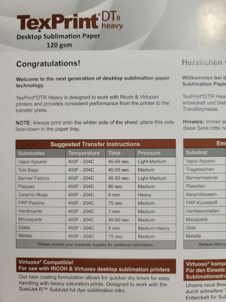 Puede incluir: Una hoja blanca de papel de sublimaci&oacute;n de escritorio TexPrint DTR heavy con instrucciones de transferencia sugeridas para varios sustratos. El papel est&aacute; dise&ntilde;ado para usarse con impresoras Ricoh & Virtuoso. La hoja tiene el texto "&iexcl;Enhorabuena!" en la parte superior.