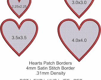 Bordes bordados con parches de corazones y puntadas de satén