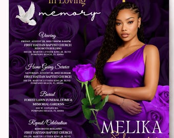 May include: A funeral program flyer featuring a purple rose background, a white dove, and a photograph of a person in a purple one-shoulder dress. Text includes In Loving Memory, Melika Salimore, Sunrise Aug 13 1984, Sunset May 3 2025, and service details.