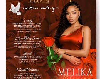 May include: A funeral program template featuring a portrait of a person in a red one-shoulder dress, surrounded by dark red roses and a white dove. Text includes In Loving Memory, Melika Salimore, and event details for August 2025.