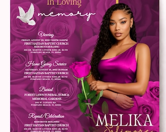 May include: A funeral program flyer featuring a deep purple rose background, a white dove, and a photograph of a person in a magenta one-shoulder dress holding a pink rose. Text includes In Loving Memory, Melika Salimore, and event details.
