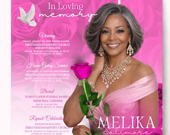 May include: A funeral program flyer featuring a portrait of a person with gray hair wearing a pink dress and gold necklace, holding a pink rose. The background has pink roses and a white dove. Text includes In Loving Memory, Melika Salimore, and event details.