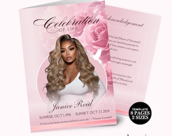 May include: A pink funeral program template featuring the text Celebration of Life, a portrait of a person with long wavy hair, the name Janice Reid, dates Oct 1, 1996 to Oct 21, 2024, and a quote by Thomas Campbell, with rose graphics.