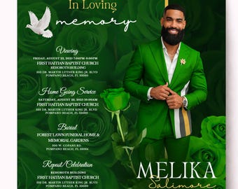 May include: A funeral program flyer featuring a green rose background, a white dove, and a photograph of a person in a green suit. Text includes In Loving Memory, Melika Salimore, Sunrise Aug 13 1984, Sunset May 3 2025, and service details.