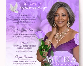 May include: A funeral program featuring a portrait of a person with gray hair wearing a purple dress and gold jewelry. The background has light purple roses and a white dove. Text includes In Loving Memory, Melika Salimore, and event details.