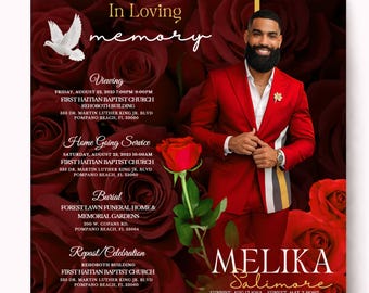 May include: A funeral program flyer featuring a dark red rose background, a white dove, and a photograph of a person in a red suit. Text includes In Loving Memory, Melika Salimore, Sunrise Aug 13 1984, Sunset May 3 2025, and event details.