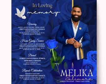 May include: A funeral program featuring a blue rose background, a white dove, and a photograph of a man in a blue suit. Text includes In Loving Memory, Melika Salimore, Sunrise Aug 13 1984, Sunset May 3 2025, and service details at First Haitian Baptist Church.