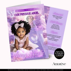 May include: A funeral program template featuring a purple cloud background with a child wearing a pink dress and bow. Text includes In Loving Memory Of Our Precious Angel, Avery Nicole, March 10, 2023 – March 18, 2025, and service details.